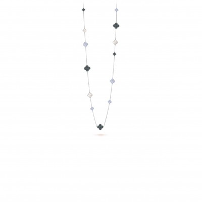 VAN CLEEF ARPELS MAGIC ALHAMBRA LONG NECKLACE, 16 MOTIFS - WHITE GOLD, CHALCEDONY, MOTHER-OF-PEARL  VCARN19000